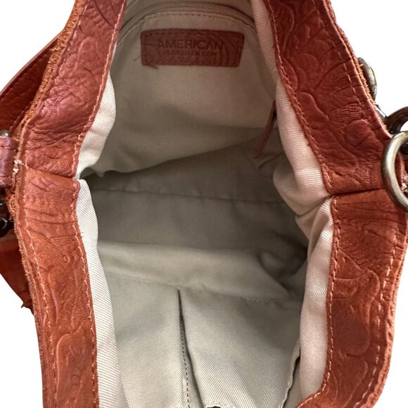 American Leather Co Handbag Shoulder Purse Brown Tooled Leather Bag Pockets - Picture 10 of 16